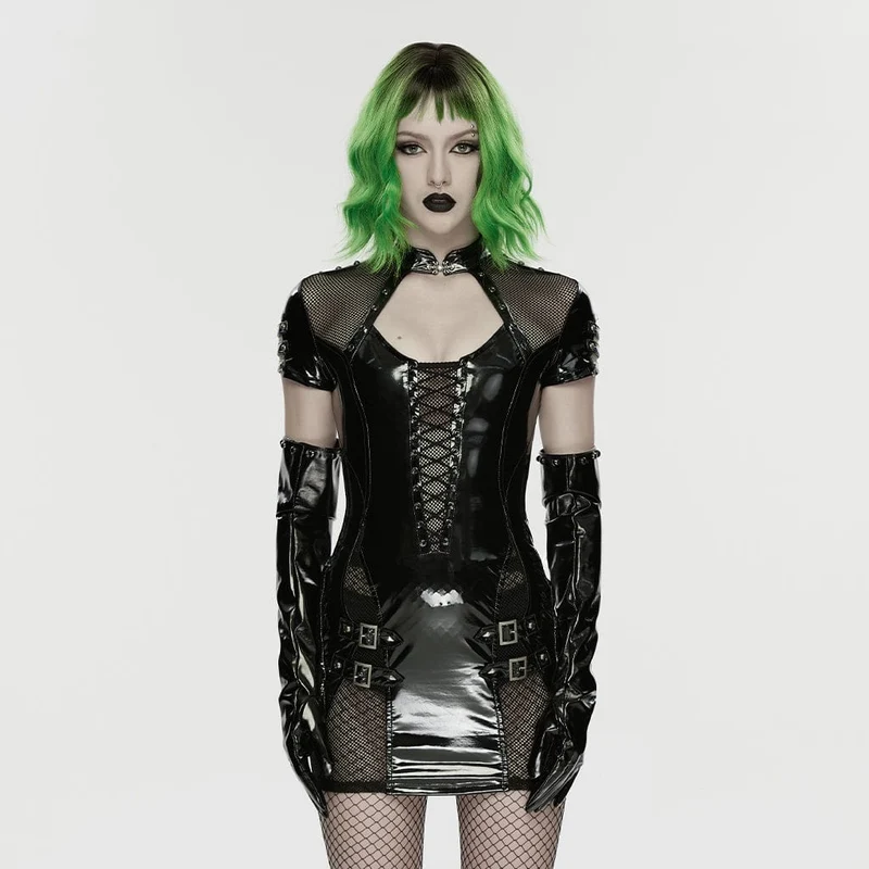 Punk-Kleid für Damen mit Schnallenriemen, Cut-out-Mesh-Einsätzen