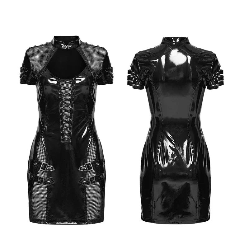 Punk-Kleid für Damen mit Schnallenriemen, Cut-out-Mesh-Einsätzen