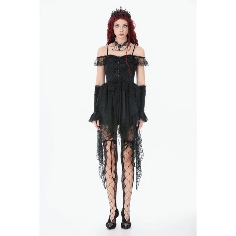 Gothic-Spitzenkleid für Damen mit Stufenrock und schulterfreiem Ausschnitt