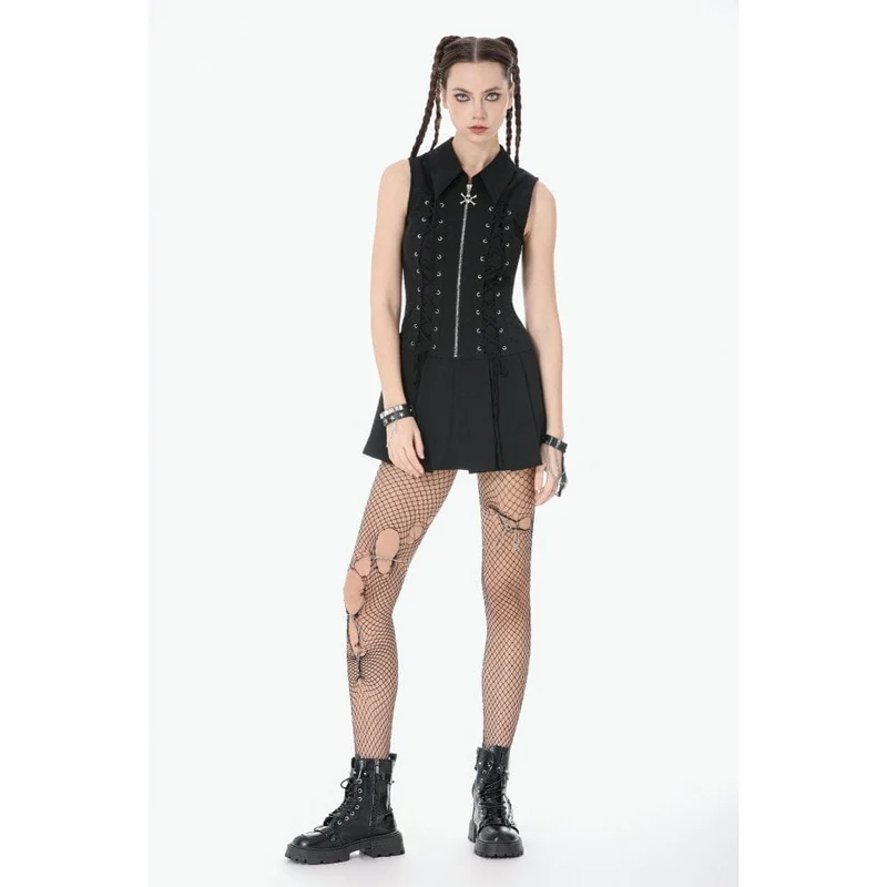 Ärmelloses Punk-Kleid mit Totenkopf-Motiv, Reißverschluss und Umlegekragen für Damen