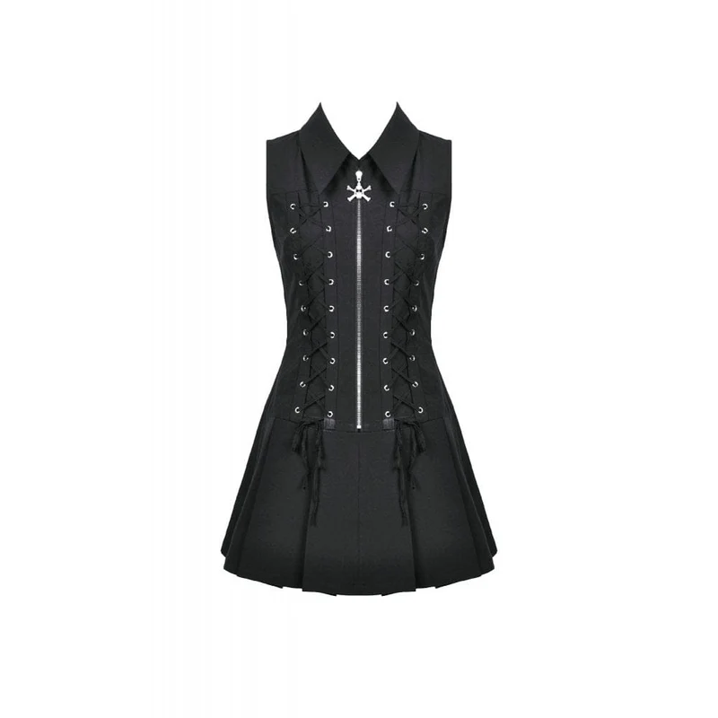 Ärmelloses Punk-Kleid mit Totenkopf-Motiv, Reißverschluss und Umlegekragen für Damen