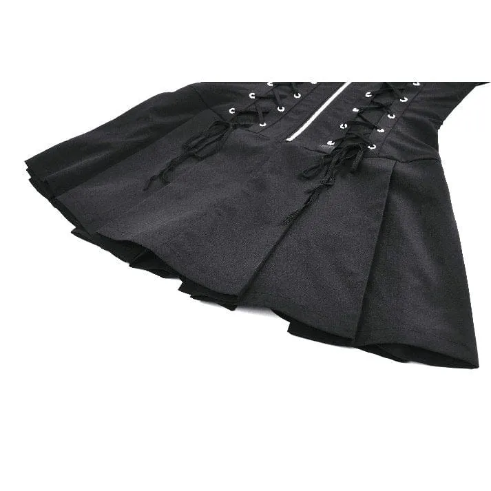 Ärmelloses Punk-Kleid mit Totenkopf-Motiv, Reißverschluss und Umlegekragen für Damen