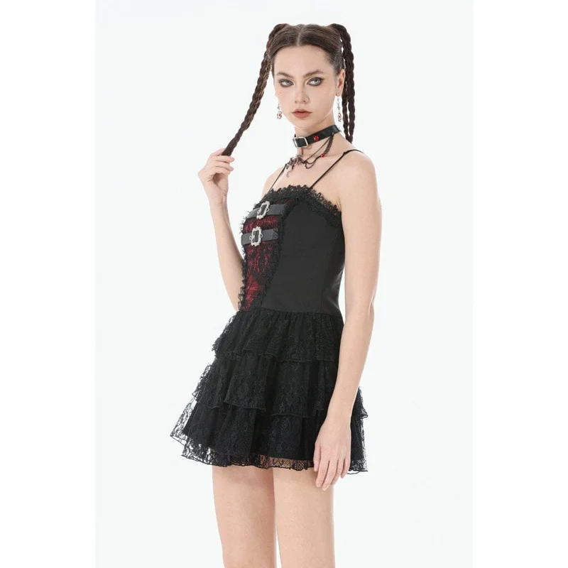 Damen-Grunge-Kleid mit kontrastfarbener Spitze, Stufenrock, Abschlusskleid