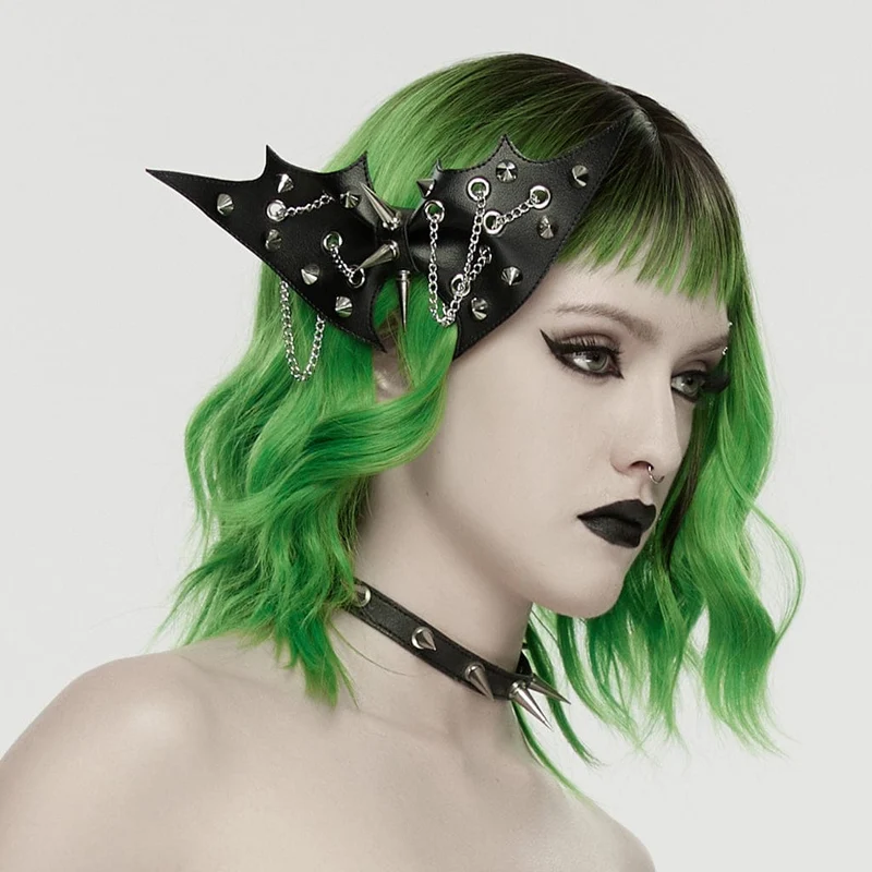 Punk-Haarspange mit Nieten und Fledermaus-Schleife für Damen, schwarz-silber