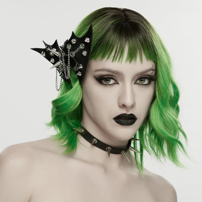 Punk-Haarspange mit Nieten und Fledermaus-Schleife für Damen, schwarz-silber