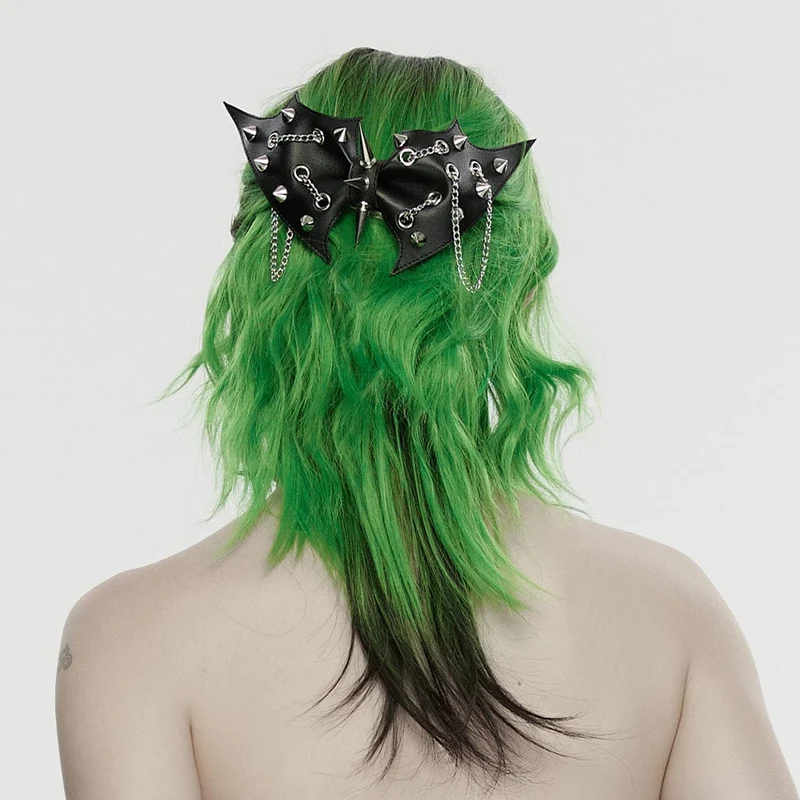 Punk-Haarspange mit Nieten und Fledermaus-Schleife für Damen, schwarz-silber