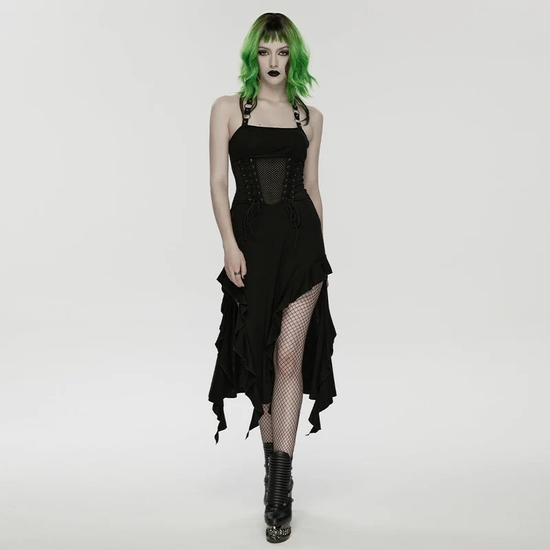 Punk-Kleid für Damen mit Schnürung, unregelmäßigem Saum und Neckholder