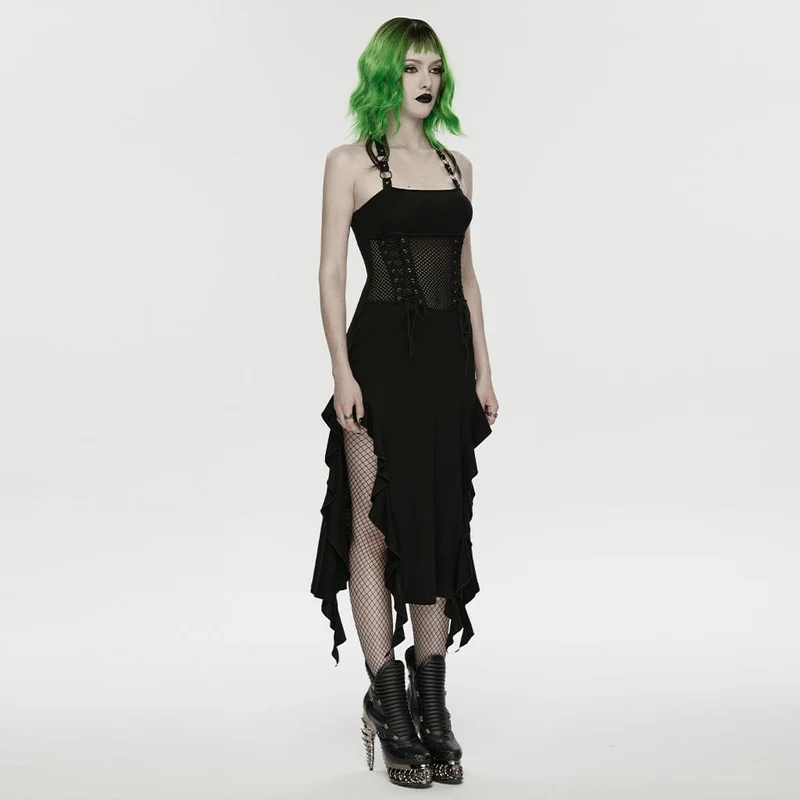 Punk-Kleid für Damen mit Schnürung, unregelmäßigem Saum und Neckholder