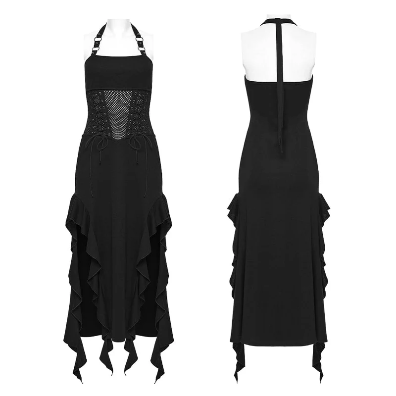 Punk-Kleid für Damen mit Schnürung, unregelmäßigem Saum und Neckholder