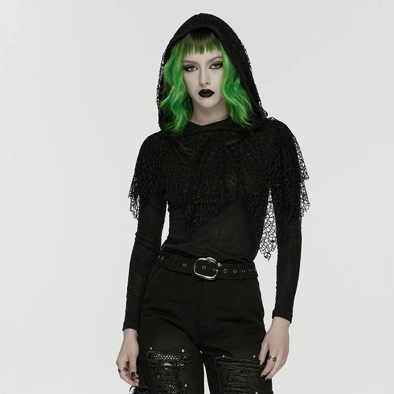 Damen-Langarmshirt mit Kapuze und Mesh-Einsätzen im Wasteland-Punk-Stil