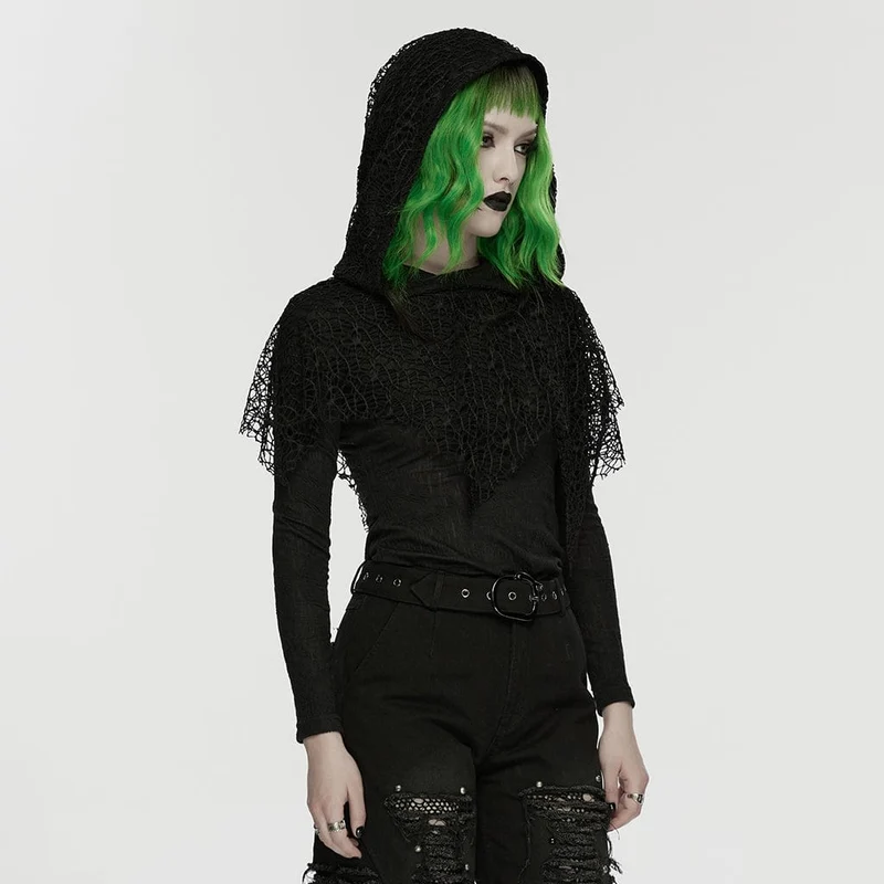Damen-Langarmshirt mit Kapuze und Mesh-Einsätzen im Wasteland-Punk-Stil