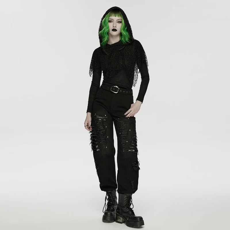 Damen-Langarmshirt mit Kapuze und Mesh-Einsätzen im Wasteland-Punk-Stil