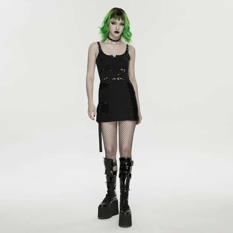 Schwarzer Cyberpunk-Rock für Damen mit asymmetrischem Mesh-Einsatz und figurbetonter Passform