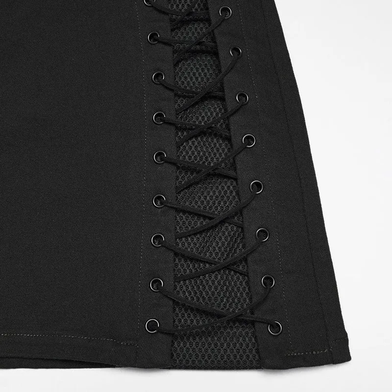 Schwarzer Cyberpunk-Rock für Damen mit asymmetrischem Mesh-Einsatz und figurbetonter Passform