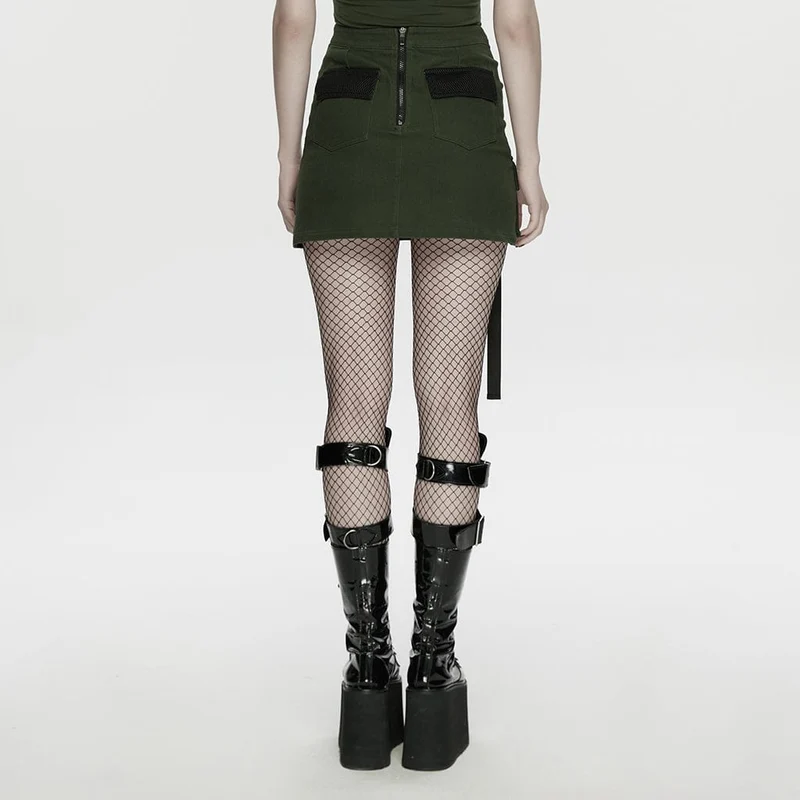Cyberpunk-Rock für Damen, asymmetrisch, mit Mesh-Einsätzen, figurbetont, schwarz-grün