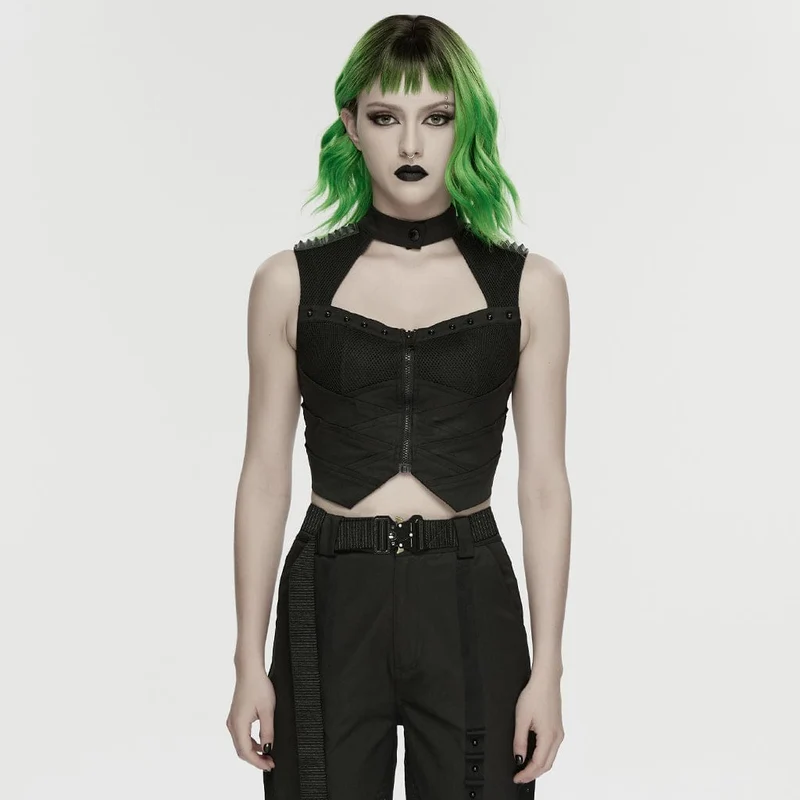 Schwarzes Cyberpunk-Tanktop für Damen mit Cut-outs und Nietenbesatz