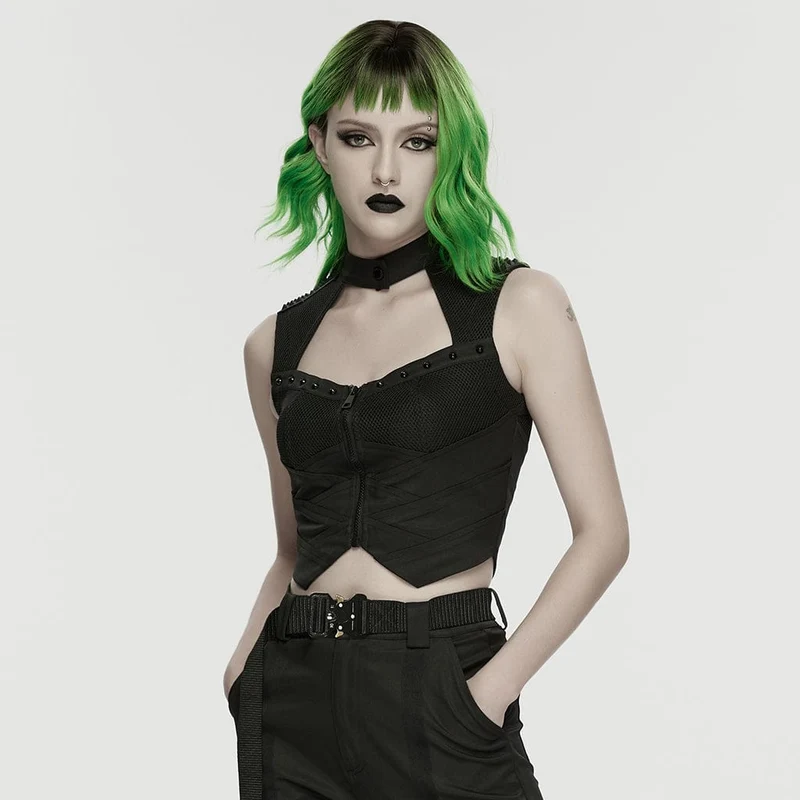 Schwarzes Cyberpunk-Tanktop für Damen mit Cut-outs und Nietenbesatz