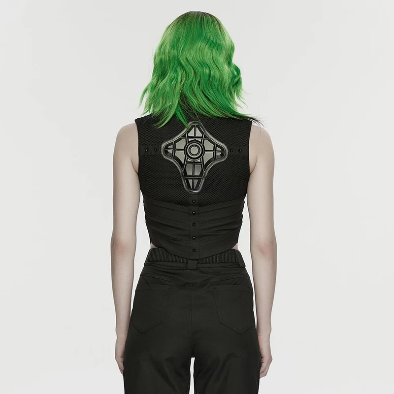 Schwarzes Cyberpunk-Tanktop für Damen mit Cut-outs und Nietenbesatz