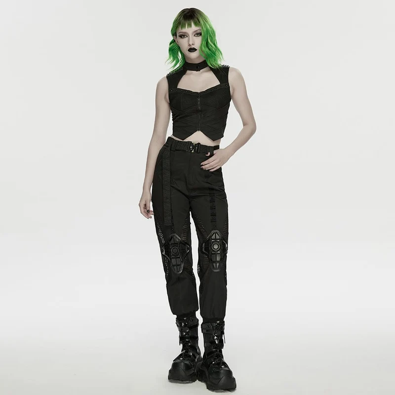 Schwarzes Cyberpunk-Tanktop für Damen mit Cut-outs und Nietenbesatz