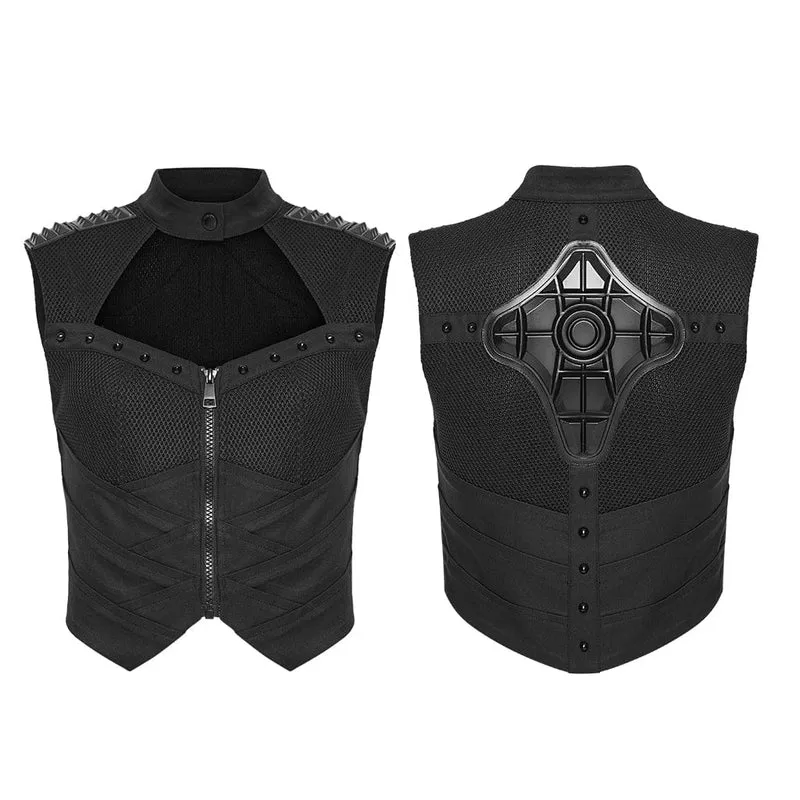 Schwarzes Cyberpunk-Tanktop für Damen mit Cut-outs und Nietenbesatz