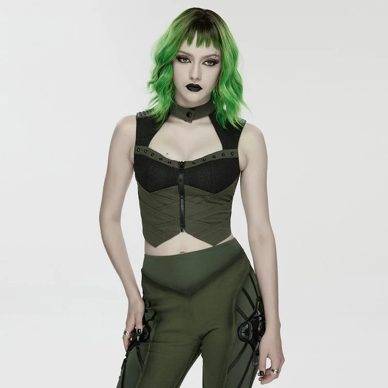 Cyberpunk-Weste für Damen mit Cut-outs, Nieten und mechanischem Design, Schwarz-Grün
