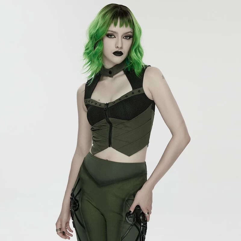 Cyberpunk-Weste für Damen mit Cut-outs, Nieten und mechanischem Design, Schwarz-Grün