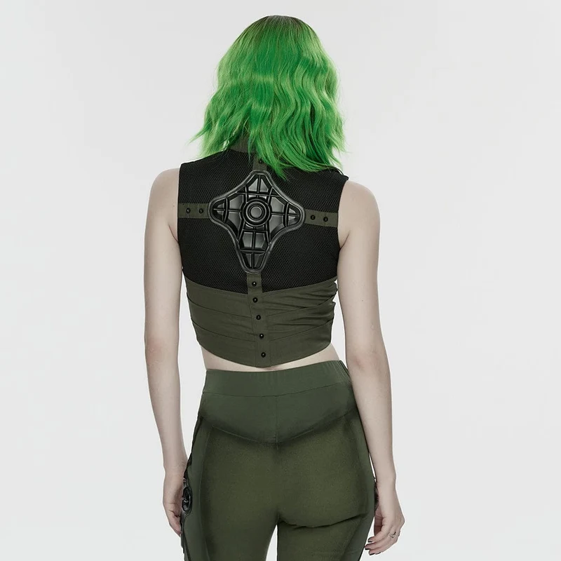 Cyberpunk-Weste für Damen mit Cut-outs, Nieten und mechanischem Design, Schwarz-Grün