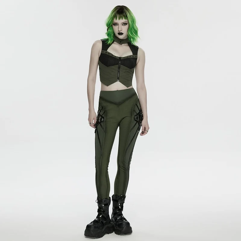 Cyberpunk-Weste für Damen mit Cut-outs, Nieten und mechanischem Design, Schwarz-Grün