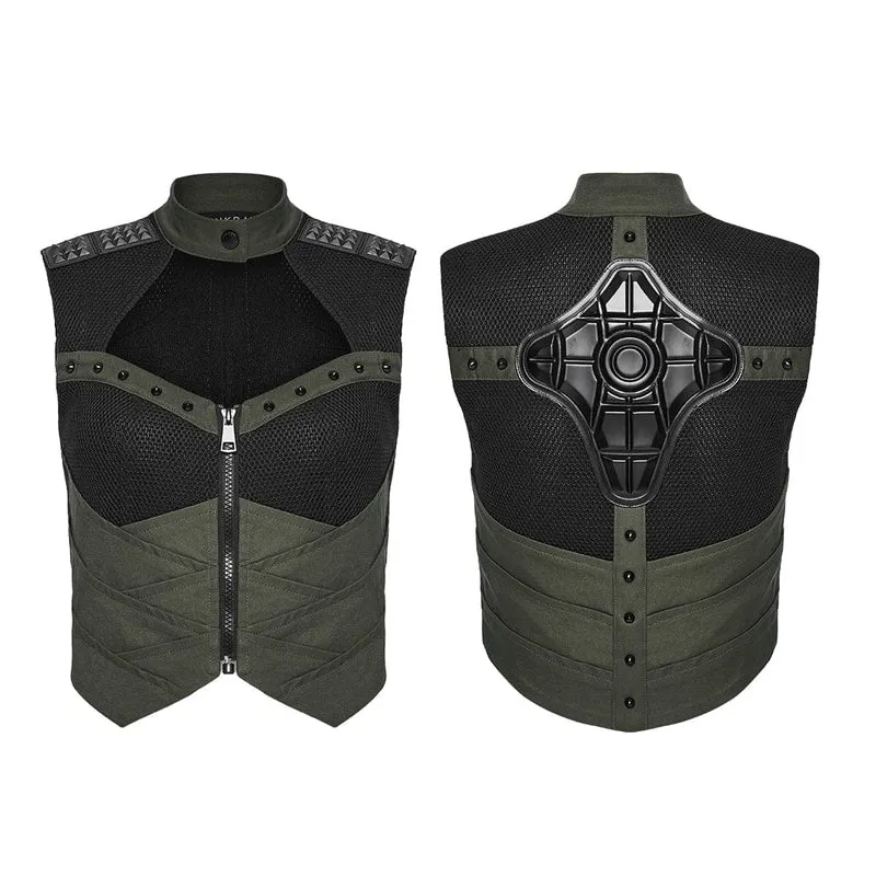 Cyberpunk-Weste für Damen mit Cut-outs, Nieten und mechanischem Design, Schwarz-Grün