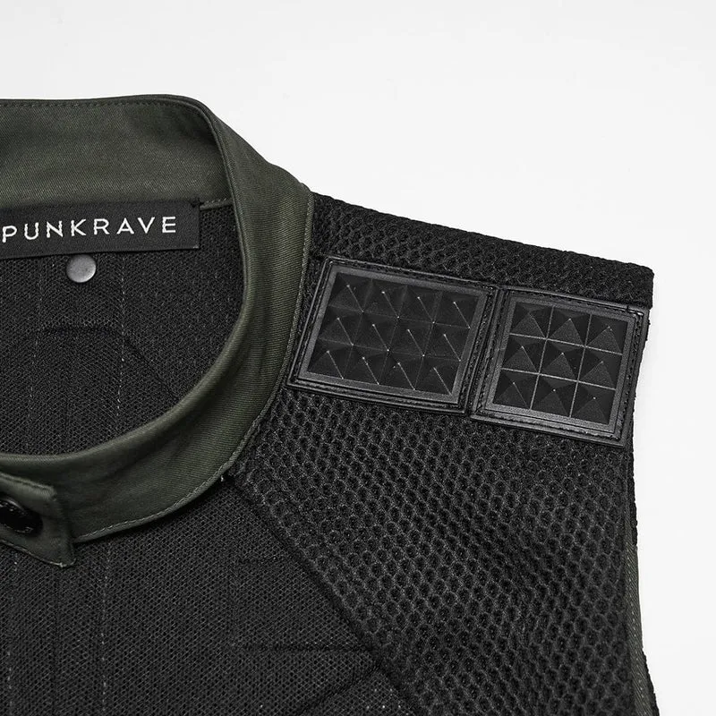 Cyberpunk-Weste für Damen mit Cut-outs, Nieten und mechanischem Design, Schwarz-Grün