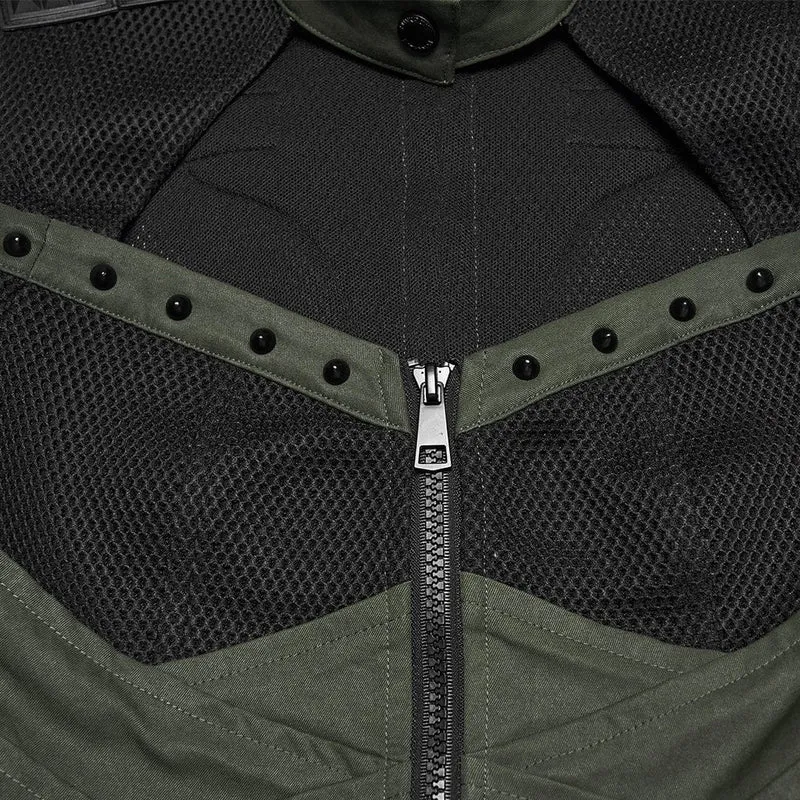 Cyberpunk-Weste für Damen mit Cut-outs, Nieten und mechanischem Design, Schwarz-Grün