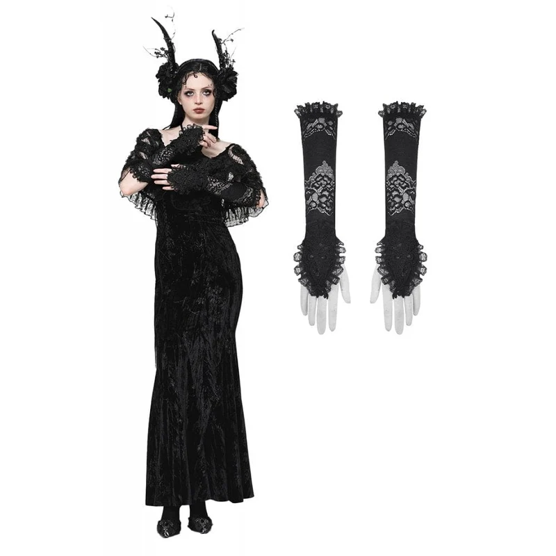 Gothic-Handschuhe aus Spitze mit Blumenstickerei und Rüschen für Damen