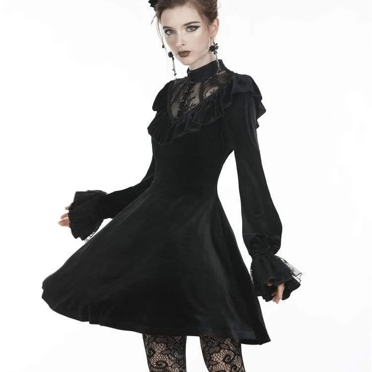 Gothic-Kleider aus Samt mit Rüschen, Spitze und V-Ausschnitt für Damen
