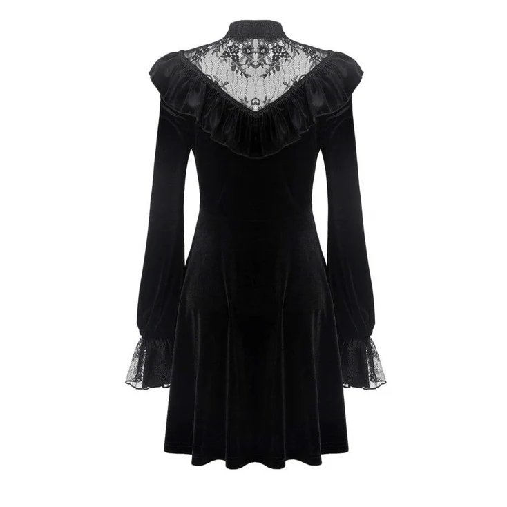 Gothic-Kleider aus Samt mit Rüschen, Spitze und V-Ausschnitt für Damen