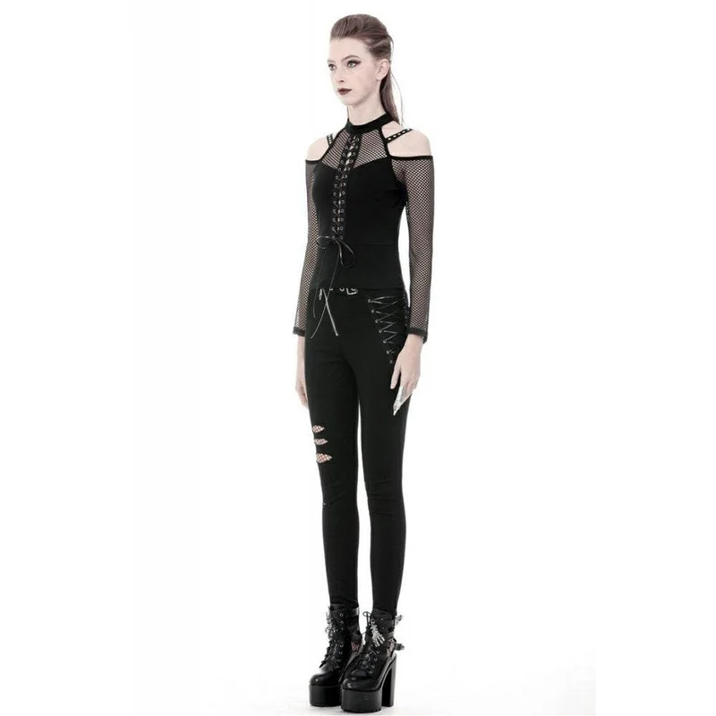 Frauen Punk Schnür-Up Front Off-Shoulder Mesh Tops