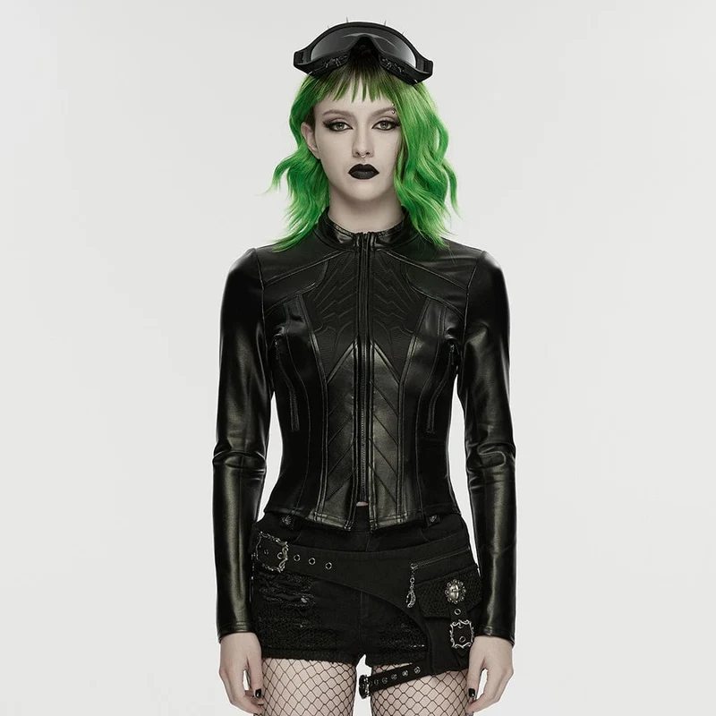 Cyberpunk-Damenjacke mit Stehkragen, geprägtem Muster und schmaler Passform