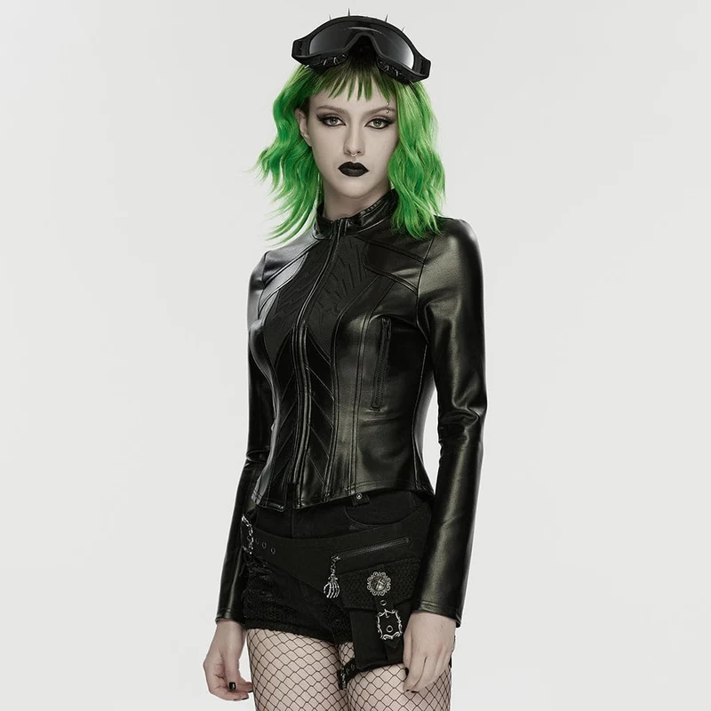 Cyberpunk-Damenjacke mit Stehkragen, geprägtem Muster und schmaler Passform