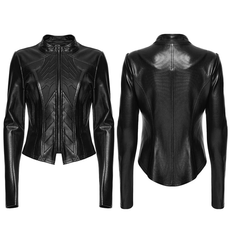 Cyberpunk-Damenjacke mit Stehkragen, geprägtem Muster und schmaler Passform