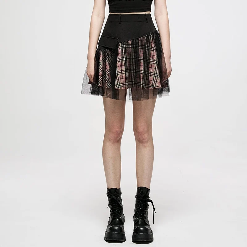 Damen Grunge hoch taillierter Mesh rot karierter kurzer Rock