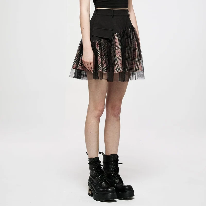 Damen Grunge hoch taillierter Mesh rot karierter kurzer Rock