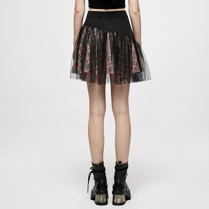 Damen Grunge hoch taillierter Mesh rot karierter kurzer Rock