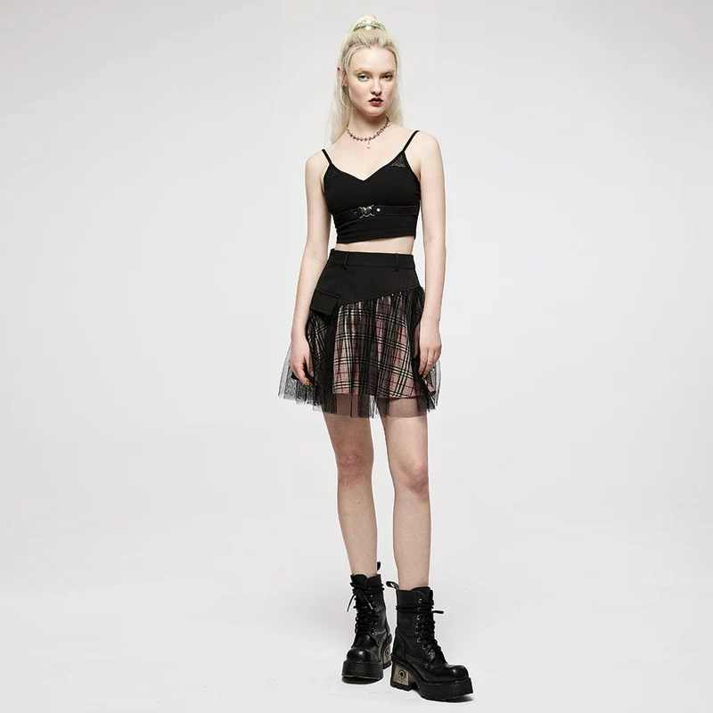 Damen Grunge hoch taillierter Mesh rot karierter kurzer Rock