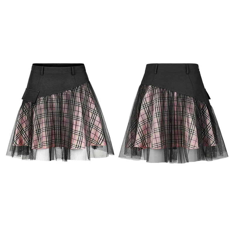 Damen Grunge hoch taillierter Mesh rot karierter kurzer Rock