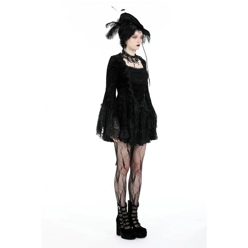 Damen-Gothic-Kleid aus mehrlagigem Samt mit ausgestellten Ärmeln