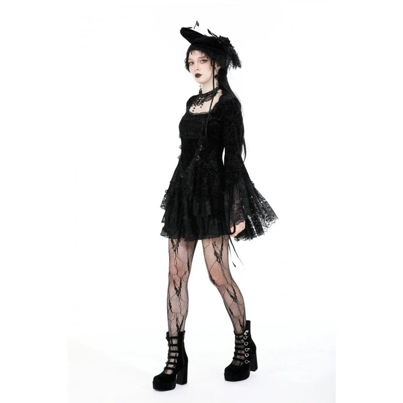 Damen-Gothic-Kleid aus mehrlagigem Samt mit ausgestellten Ärmeln