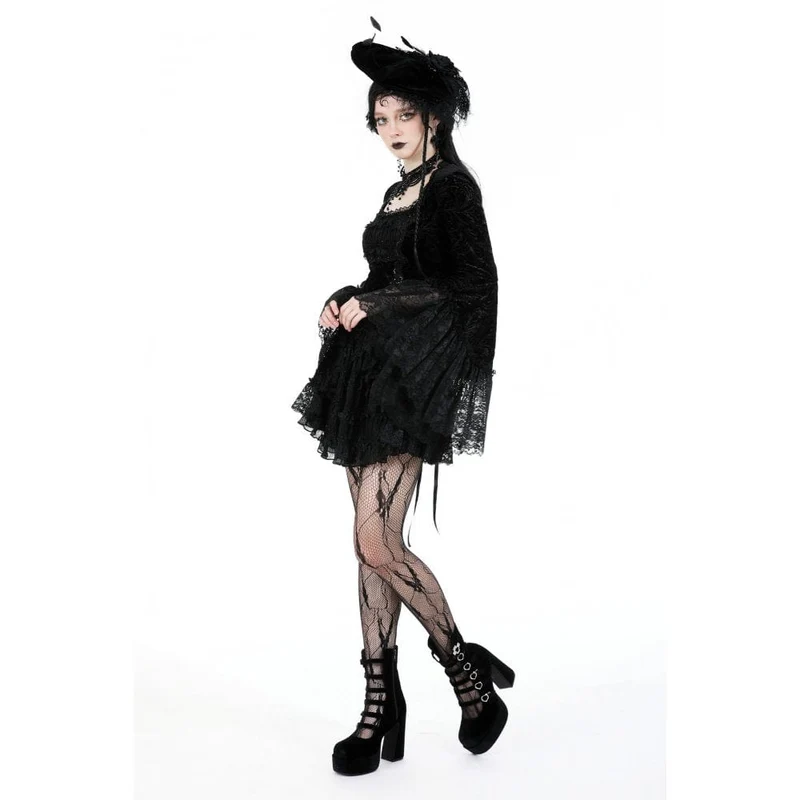 Damen-Gothic-Kleid aus mehrlagigem Samt mit ausgestellten Ärmeln