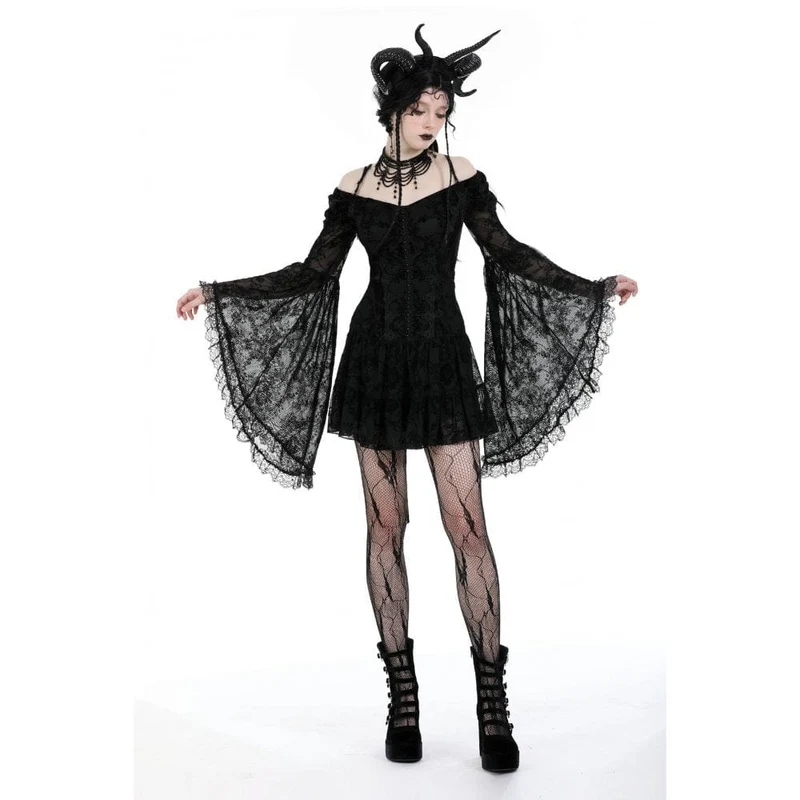 Gothic-Kleid aus Samt mit schulterfreiem Ausschnitt und Mesh-Einsätzen, Abschlusskleid