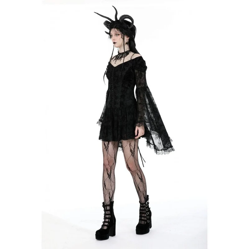 Gothic-Kleid aus Samt mit schulterfreiem Ausschnitt und Mesh-Einsätzen, Abschlusskleid