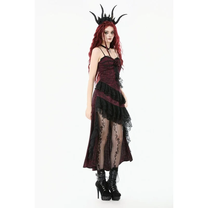 Gothic-Brautkleid für Damen mit Rosenmuster, mehrlagiger Spitze, Rüschen und asymmetrischem Schnitt