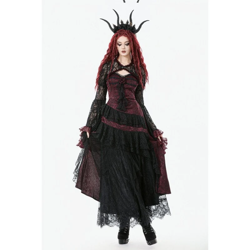 Gothic-Brautkleid für Damen mit Rosenmuster, mehrlagiger Spitze, Rüschen und asymmetrischem Schnitt